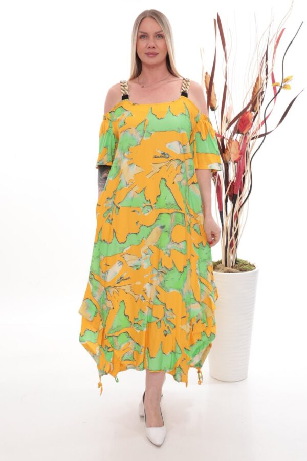 Chain-Strap Cold-Shoulder Abstract Print Dress