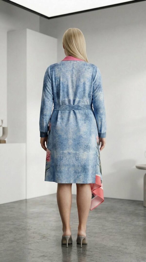 Floral-Trim Asymmetrical Denim-Effect Dress