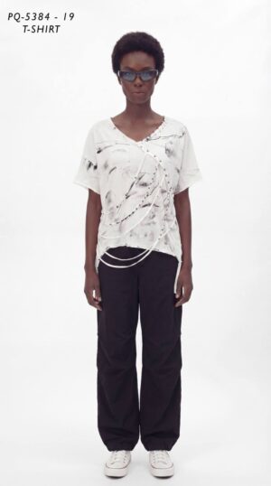 Abstract Print V-Neck T-Shirt with Studded Strap Detailing