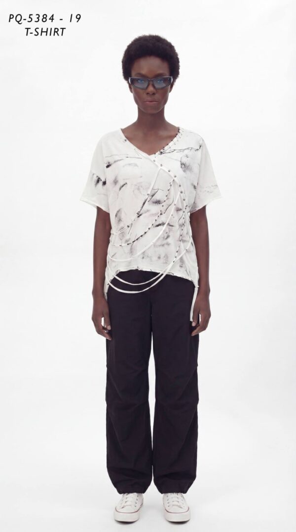Abstract Print V-Neck T-Shirt with Studded Strap Detailing