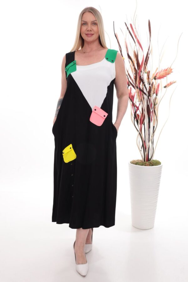Modernist Color Block Midi Dress with Patch Pockets
