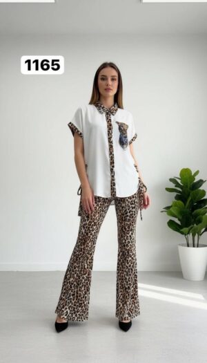 Leopard Print Trim Tunic & Flared Pant Set