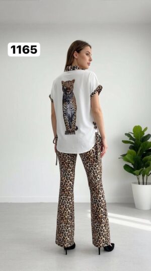 Leopard Print Trim Tunic & Flared Pant Set