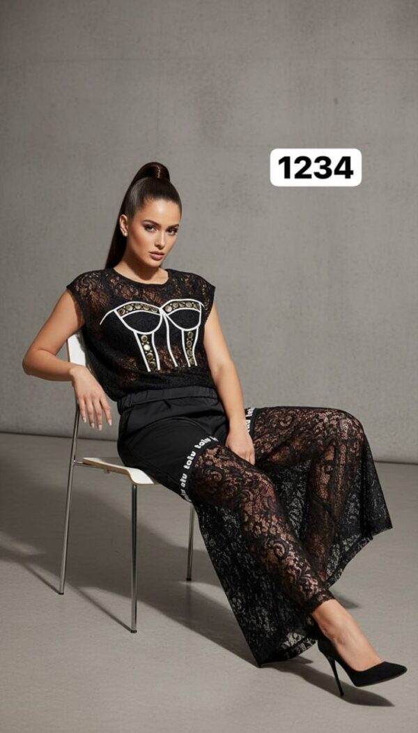 Embellished Lace Corset-Print Pant Set Embellished Lace Corset-Print Pant Set