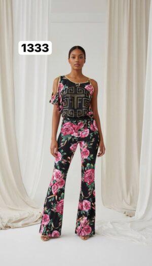 Geometric Print & Floral Flared Pants Set