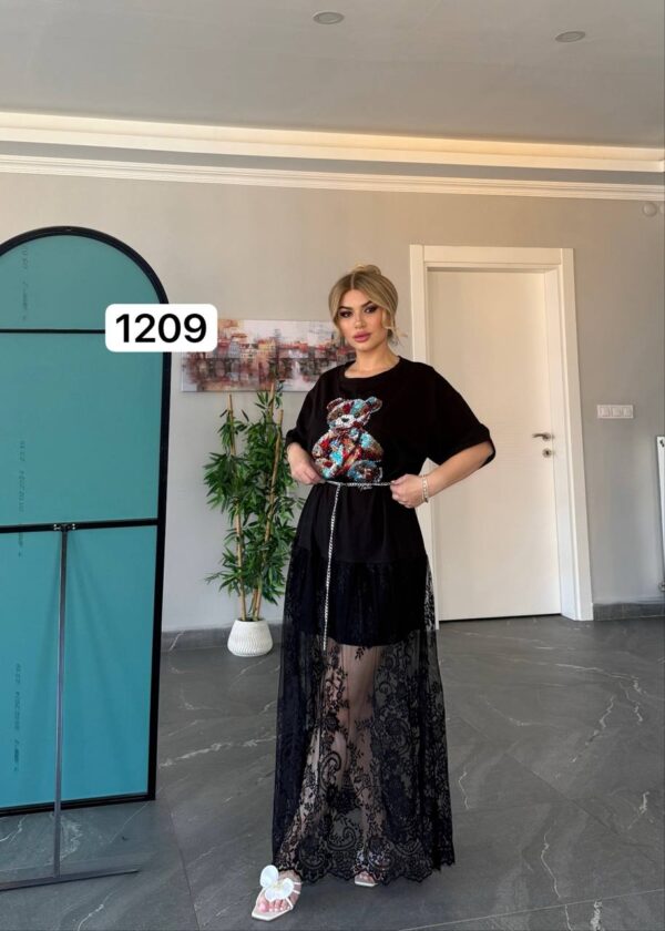 Wholesale Sequin Teddy Bear T-Shirt Dress with Lace Overlay