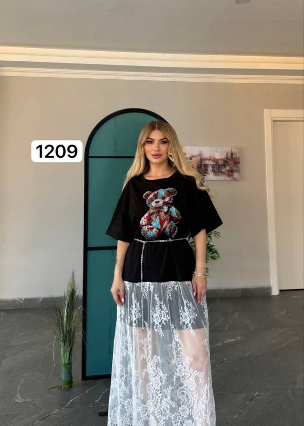 Wholesale Sequin Teddy Bear T-Shirt Dress with Lace Overlay