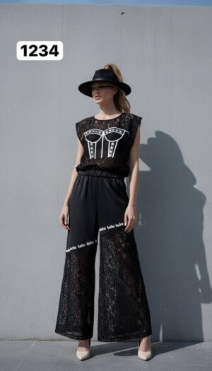 Embellished Lace Corset-Print Pant Set