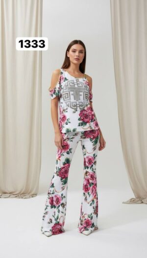 Geometric Print & Floral Flared Pants Set