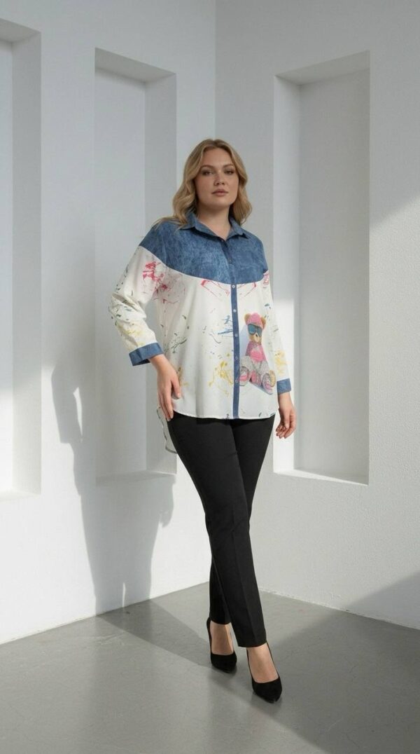 Playful Teddy Bear Print Denim-Accented Tunic Playful Teddy Bear Print Denim-Accented Tunic