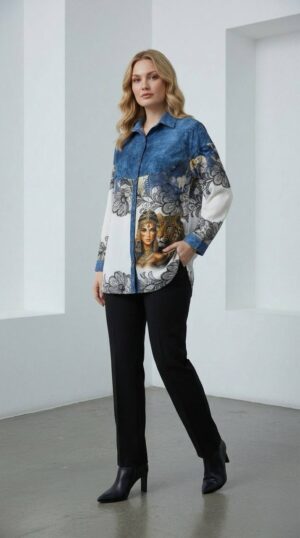 Wholesale Denim-Accent Graphic Print Tunic