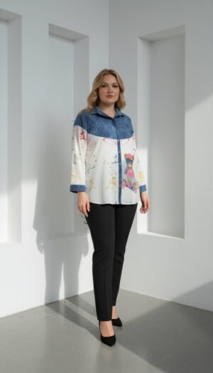 Playful Teddy Bear Print Denim-Accented Tunic