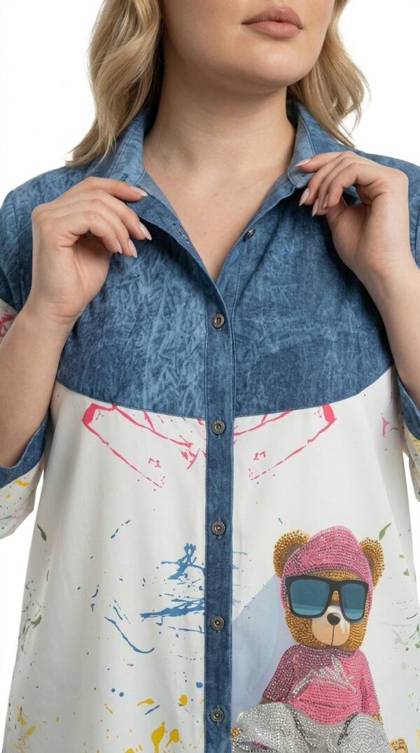 Playful Teddy Bear Print Denim-Accented Tunic Playful Teddy Bear Print Denim-Accented Tunic