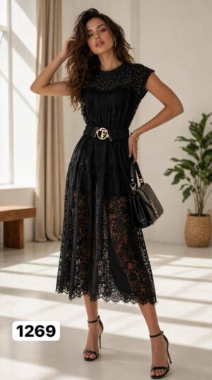 Studded Lace Midi Dress with Belt Studded Lace Midi Dress with Belt