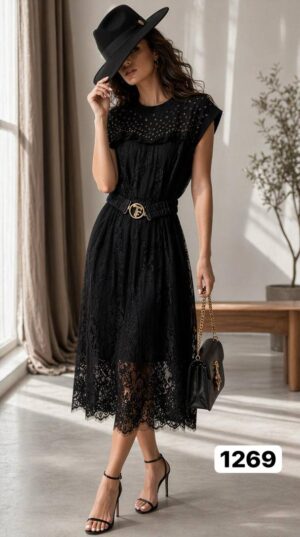Studded Lace Midi Dress with Belt