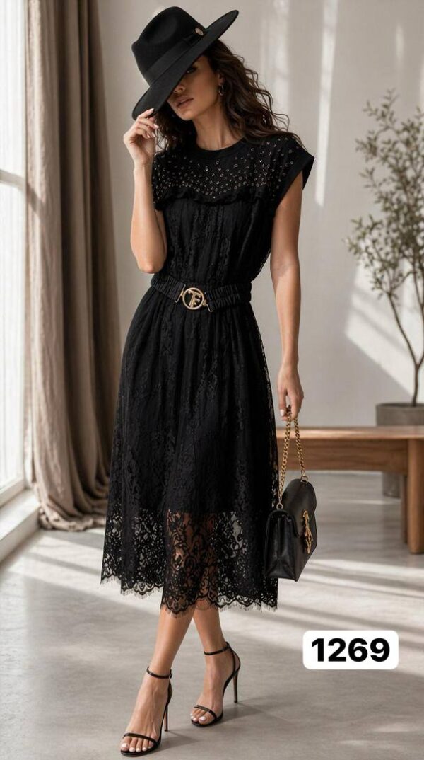 Studded Lace Midi Dress with Belt Studded Lace Midi Dress with Belt