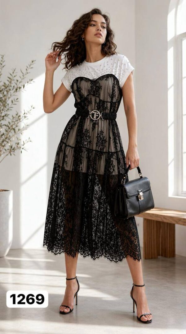 Studded Lace Midi Dress with Belt Studded Lace Midi Dress with Belt