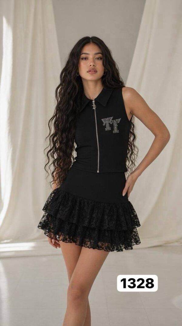 Women's Black Skirt Suit - Premium Collared Vest with Lace Tiered Skirt Women's Black Skirt Suit - Premium Collared Vest with Lace Tiered Skirt