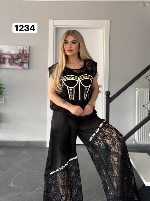 Embellished Lace Corset-Print Pant Set Embellished Lace Corset-Print Pant Set