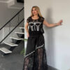Embellished Lace Corset-Print Pant Set Embellished Lace Corset-Print Pant Set