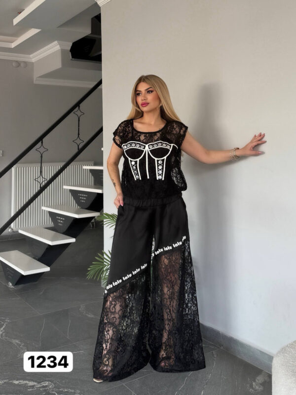 Embellished Lace Corset-Print Pant Set Embellished Lace Corset-Print Pant Set