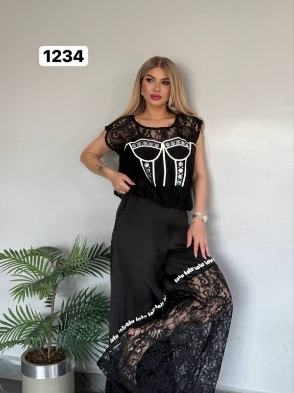 Embellished Lace Corset-Print Pant Set Embellished Lace Corset-Print Pant Set