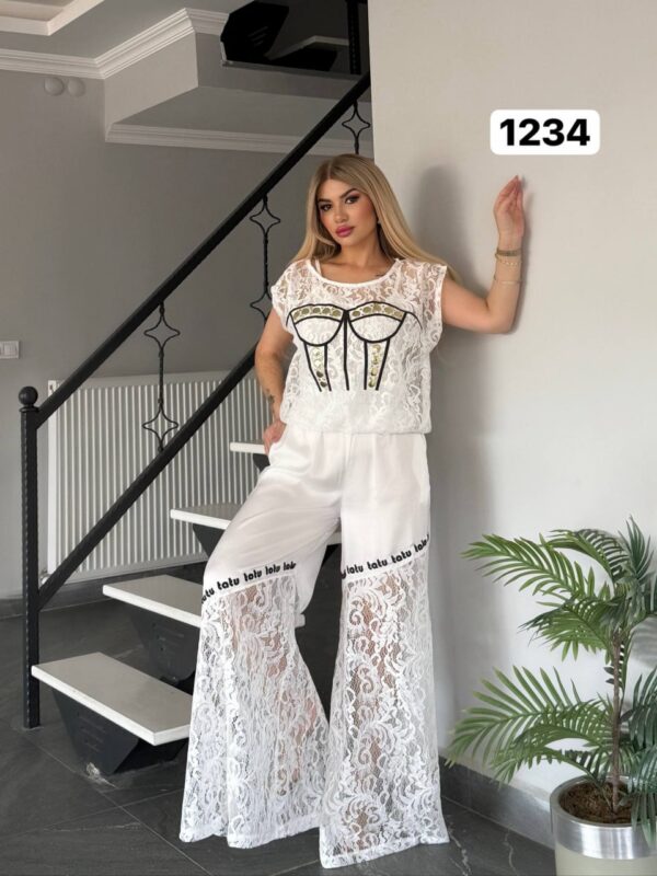 Embellished Lace Corset-Print Pant Set Embellished Lace Corset-Print Pant Set