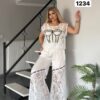 Embellished Lace Corset-Print Pant Set Embellished Lace Corset-Print Pant Set