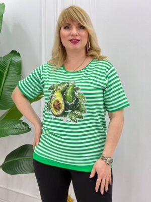 Premium Striped Avocado Blouse with Rhinestone Embellishment Premium Striped Avocado Blouse with Rhinestone Embellishment