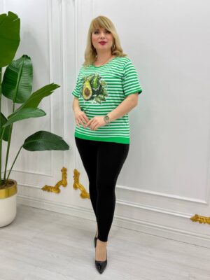 Premium Striped Avocado Blouse with Rhinestone Embellishment