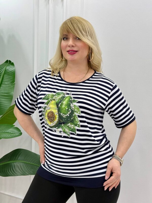 Premium Striped Avocado Blouse with Rhinestone Embellishment Premium Striped Avocado Blouse with Rhinestone Embellishment
