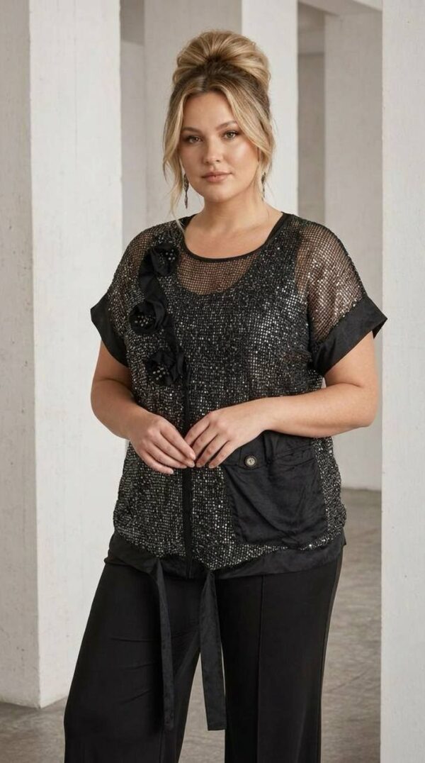 Premium Sequin Blouse with Mesh Panels Premium Sequin Blouse with Mesh Panels