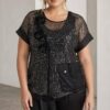 Premium Sequin Blouse with Mesh Panels Premium Sequin Blouse with Mesh Panels
