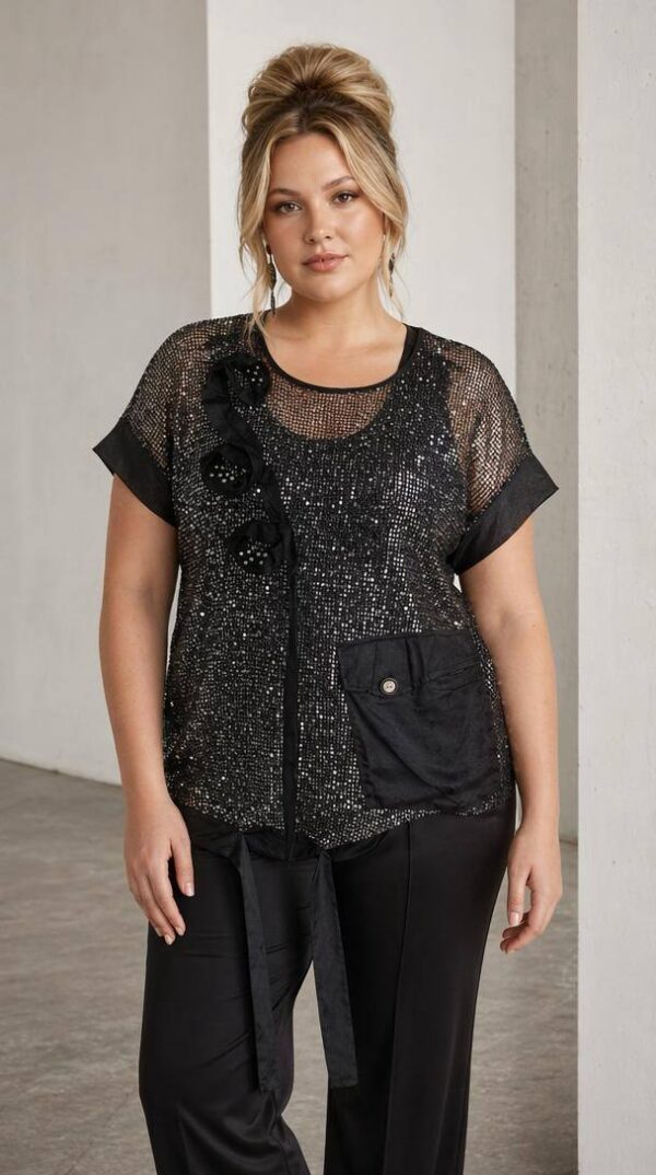 Premium Sequin Blouse with Mesh Panels Premium Sequin Blouse with Mesh Panels
