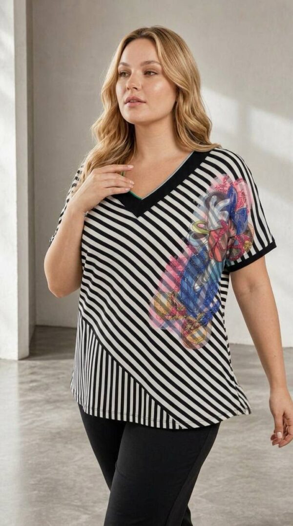 Striped V-Neck Blouse with Floral Graphic Print Striped V-Neck Blouse with Floral Graphic Print