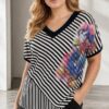 Striped V-Neck Blouse with Floral Graphic Print Striped V-Neck Blouse with Floral Graphic Print