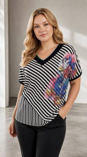 Striped V-Neck Blouse with Floral Graphic Print