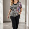 Striped V-Neck Blouse with Floral Graphic Print Striped V-Neck Blouse with Floral Graphic Print