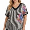 Striped V-Neck Blouse with Floral Graphic Print Striped V-Neck Blouse with Floral Graphic Print