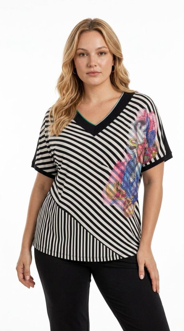 Striped V-Neck Blouse with Floral Graphic Print Striped V-Neck Blouse with Floral Graphic Print