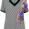 Striped V-Neck Blouse with Floral Graphic Print Striped V-Neck Blouse with Floral Graphic Print