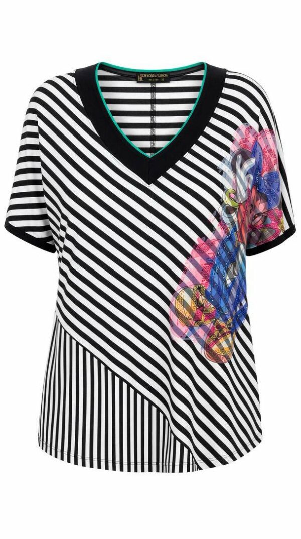 Striped V-Neck Blouse with Floral Graphic Print Striped V-Neck Blouse with Floral Graphic Print