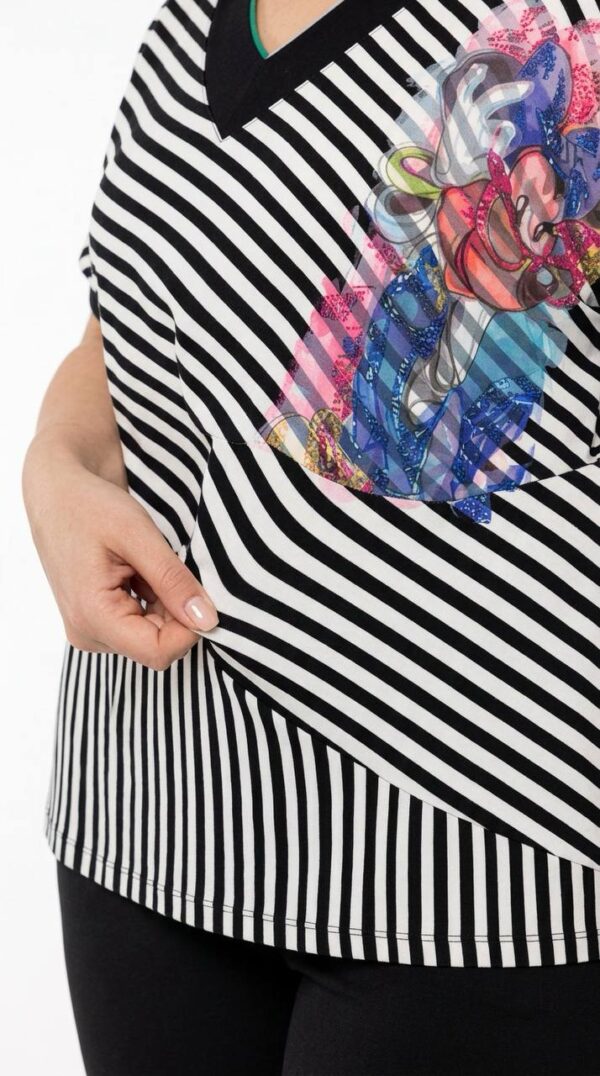 Striped V-Neck Blouse with Floral Graphic Print Striped V-Neck Blouse with Floral Graphic Print