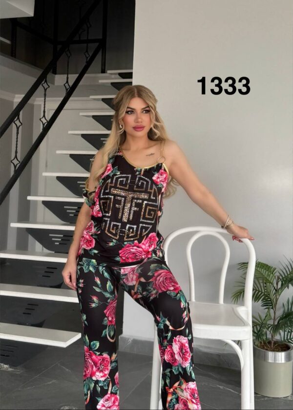 Geometric Print & Floral Flared Pants Set