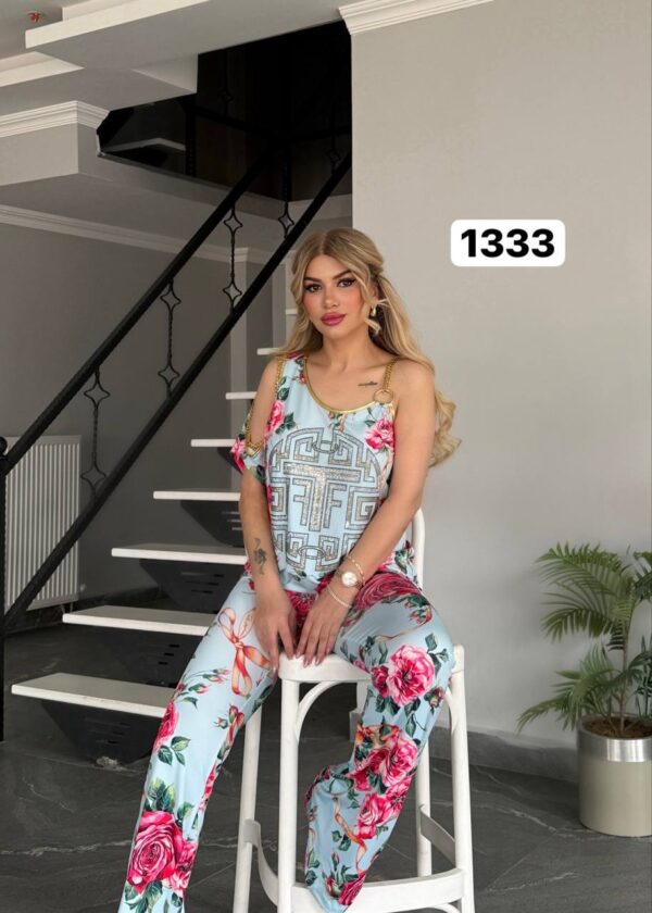 Geometric Print & Floral Flared Pants Set