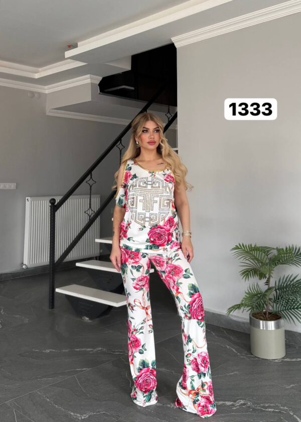 Geometric Print & Floral Flared Pants Set