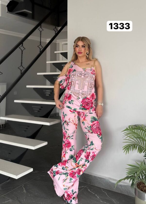 Geometric Print & Floral Flared Pants Set