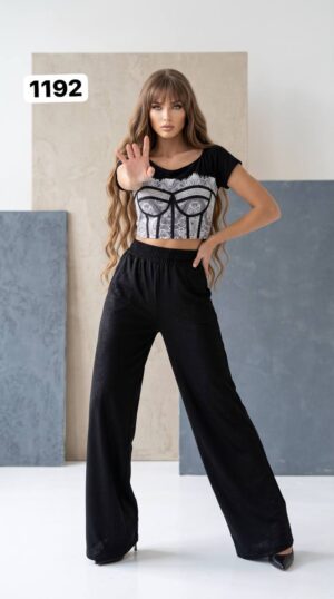 Women's Graphic Crop Top & Wide Leg Pants Set Women's Graphic Crop Top & Wide Leg Pants Set