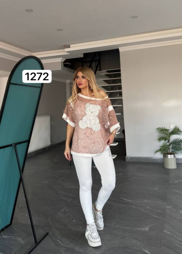 Women's Teddy Bear Graphic Knit Top with White Trim