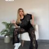 Women's Black Lace Two-Piece Set with Rhinestone Embellished Top Women's Black Lace Two-Piece Set with Rhinestone Embellished Top
